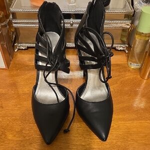 BCBGeneration Black Pointed Lace-Up Strappy Heels